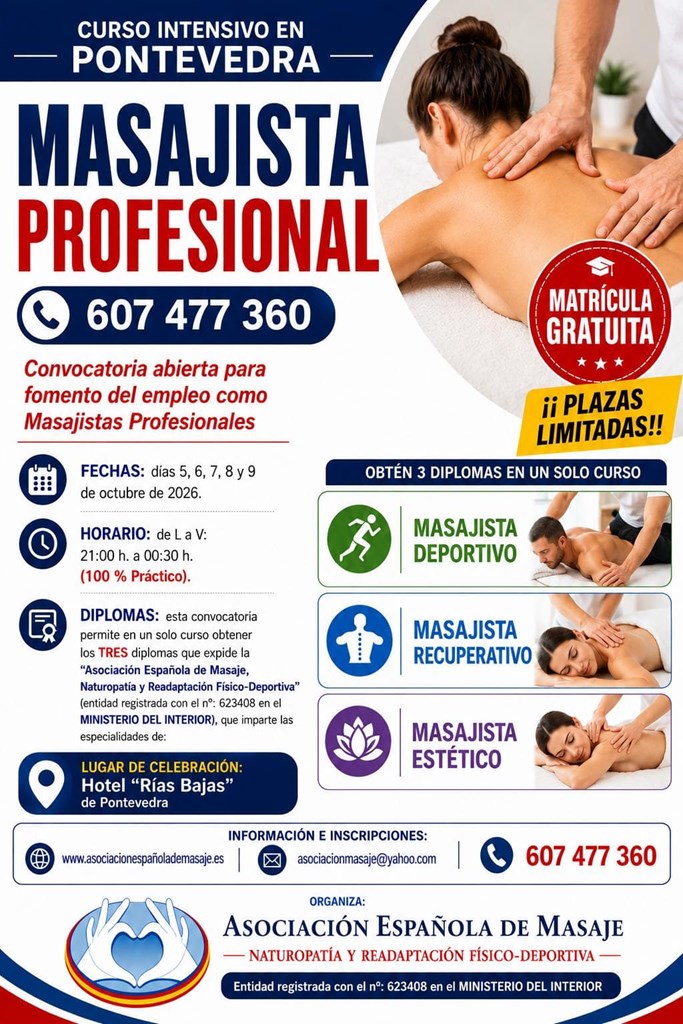 Matrícula GRATUITA para el nuevo curso intensivo de "Masajista Profesional" en Pontevedra