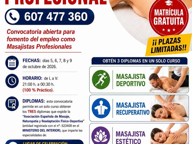 Matrícula GRATUITA para el nuevo curso intensivo de "Masajista Profesional" en Pontevedra